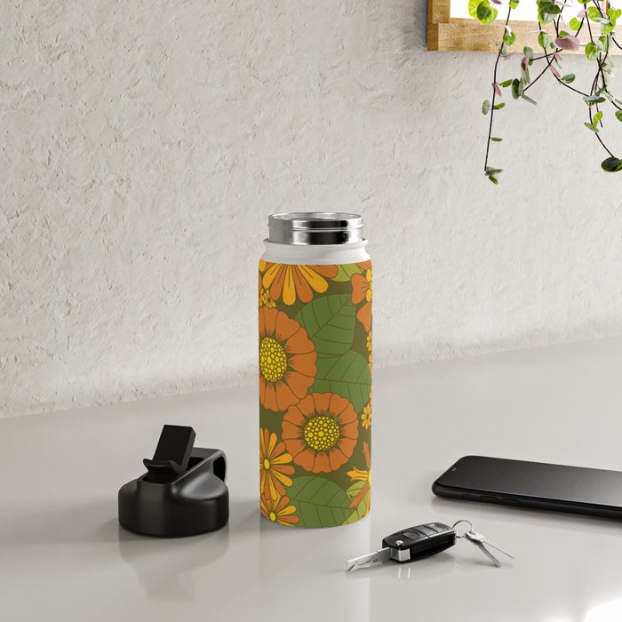 Orange, Brown, Yellow and Green Retro Daisy Pattern Water Bottle Gallery Image 5
