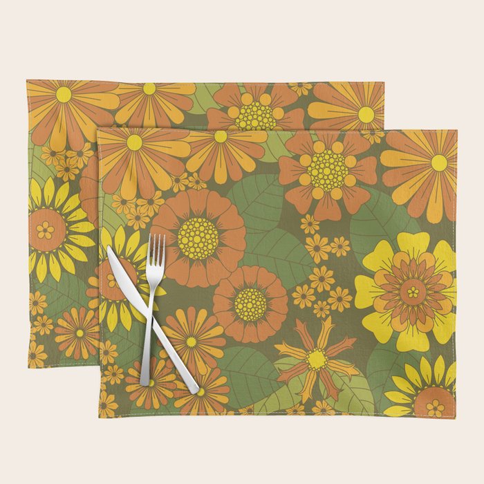 Orange, Brown, Yellow and Green Retro Daisy Pattern Placemat Gallery Image 1