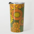 Orange, Brown, Yellow and Green Retro Daisy Pattern Travel Mug Gallery Image 3