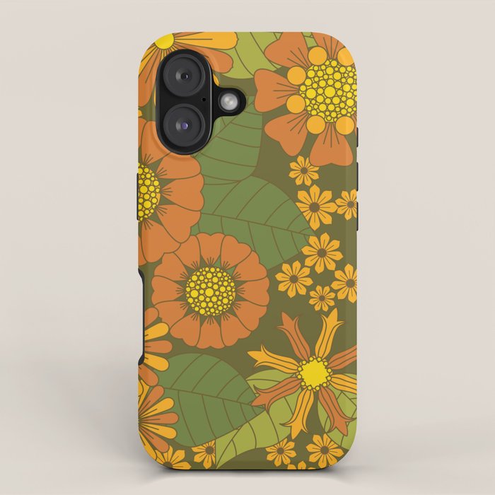 Orange, Brown, Yellow and Green Retro Daisy Pattern iPhone Case Gallery Image 1