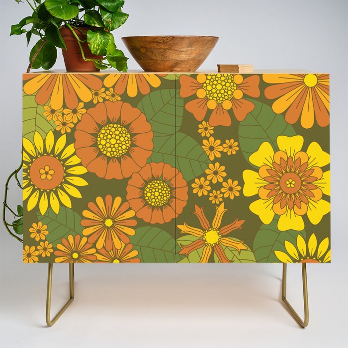 Orange, Brown, Yellow and Green Retro Daisy Pattern Credenza Gallery Image 1