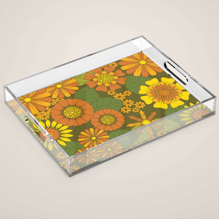 Orange, Brown, Yellow and Green Retro Daisy Pattern Acrylic Tray Gallery Image 1