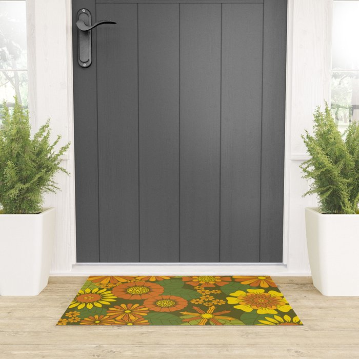 Orange, Brown, Yellow and Green Retro Daisy Pattern Welcome Mat Gallery Image 3