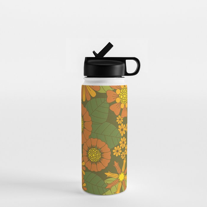 Orange, Brown, Yellow and Green Retro Daisy Pattern Water Bottle Gallery Image 1