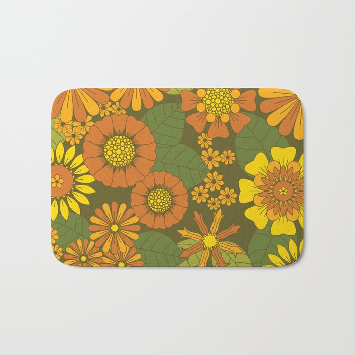 Orange, Brown, Yellow and Green Retro Daisy Pattern Bath Mat Gallery Image 1