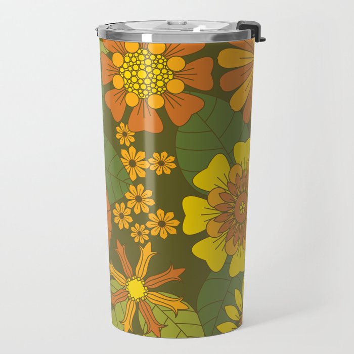Orange, Brown, Yellow and Green Retro Daisy Pattern Travel Mug Gallery Image 2