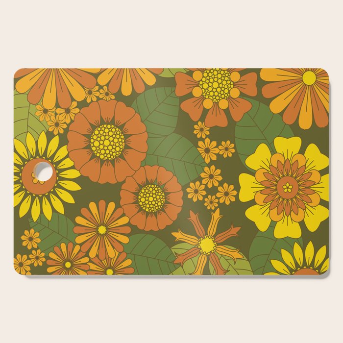 Orange, Brown, Yellow and Green Retro Daisy Pattern Cutting Board Gallery Image 1