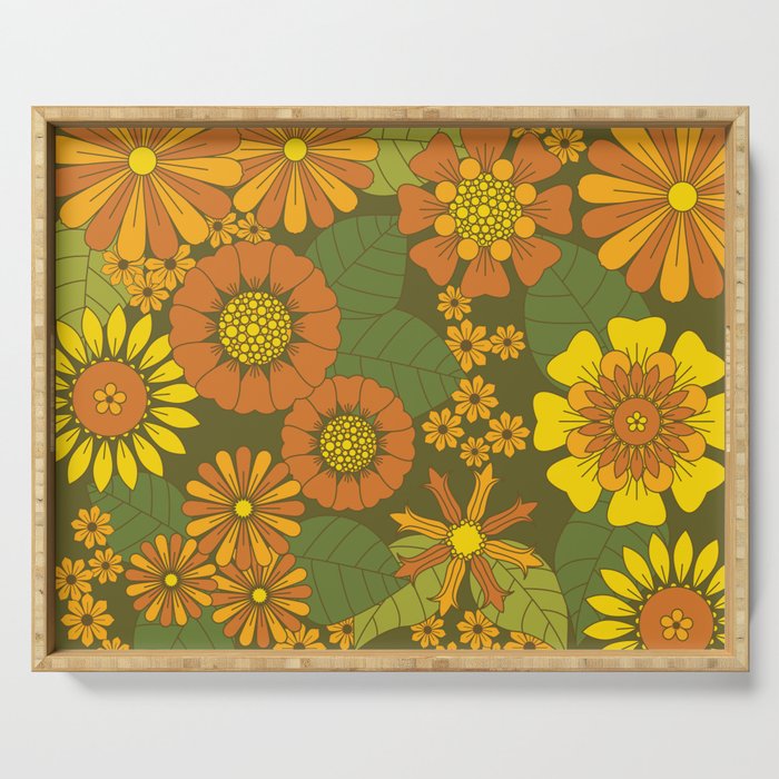 Orange, Brown, Yellow and Green Retro Daisy Pattern Serving Tray Gallery Image 1