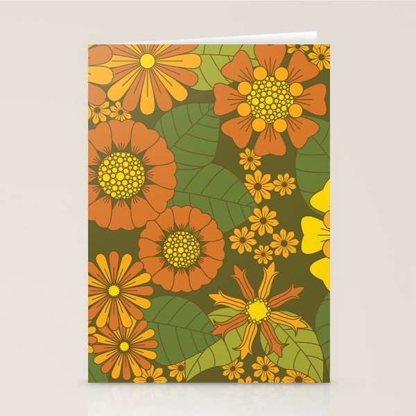 Orange, Brown, Yellow and Green Retro Daisy Pattern Stationery Card Gallery Image 1