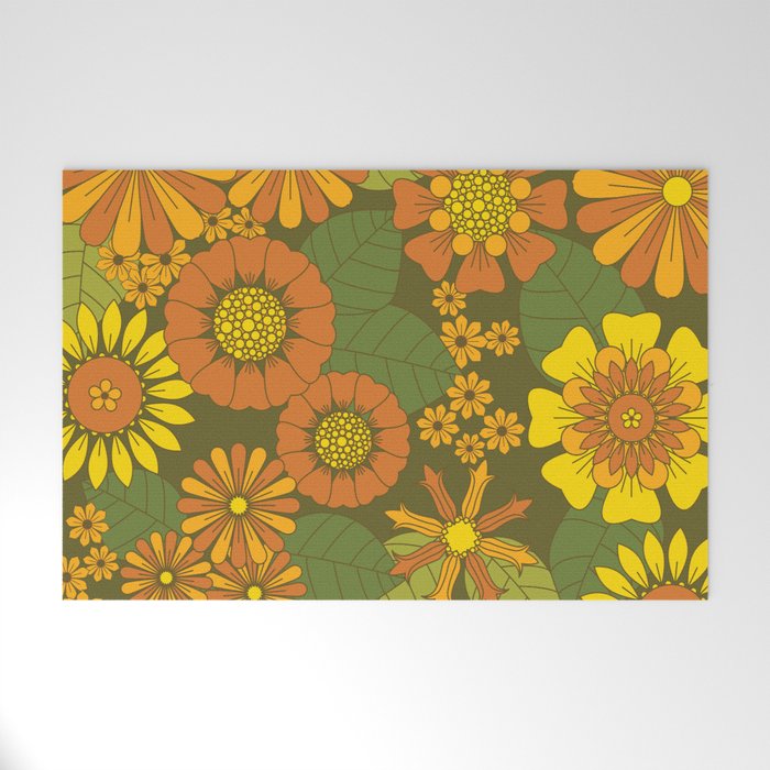Orange, Brown, Yellow and Green Retro Daisy Pattern Welcome Mat Gallery Image 1