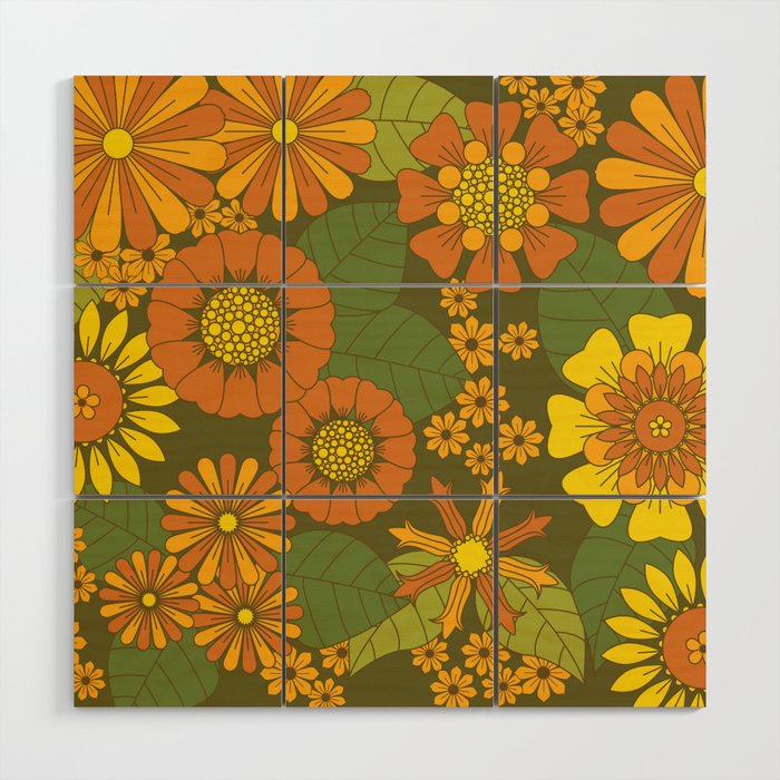 Orange, Brown, Yellow and Green Retro Daisy Pattern Wood Wall Art Gallery Image 1