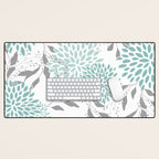 Festive, Floral Blooms and Leaves, Teal and Gray Desk Mat Gallery Image 1