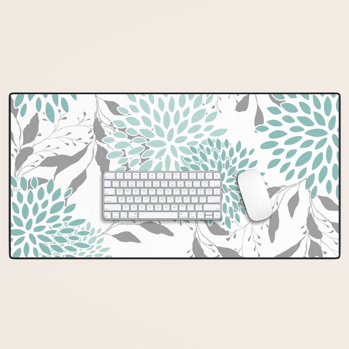 Festive, Floral Blooms and Leaves, Teal and Gray Desk Mat Gallery Image 1