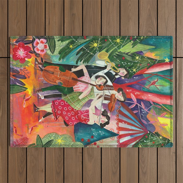 Festive holiday music concert in the forest Outdoor Rug Gallery Image 1