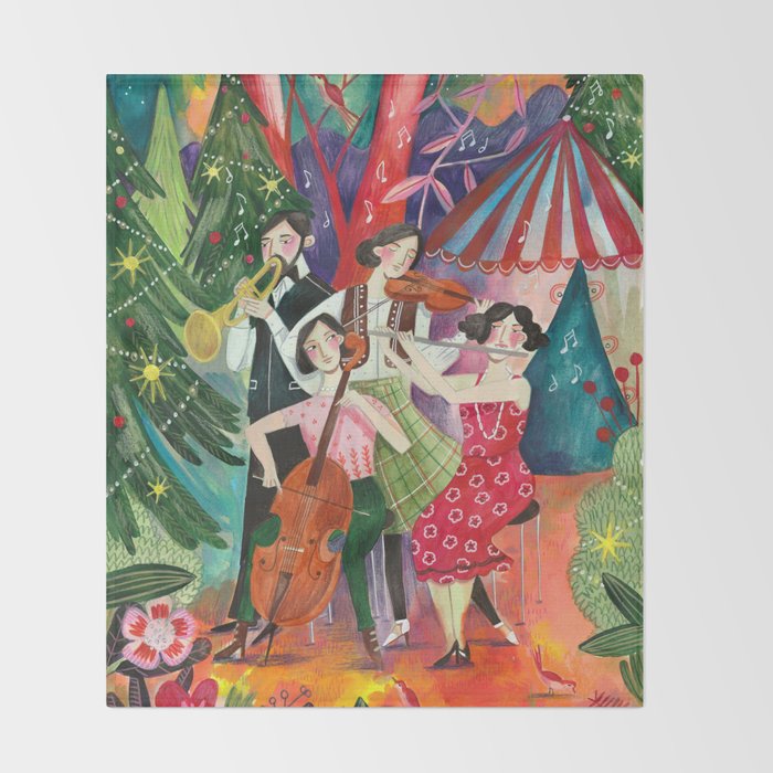 Festive holiday music concert in the forest Throw Blanket Gallery Image 2