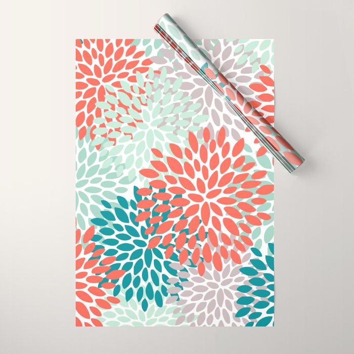 Floral Pattern, Orange, Teal, Mint Green, Flower Print Wrapping Paper Gallery Image 1
