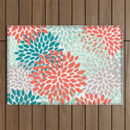 Floral Pattern, Orange, Teal, Mint Green, Flower Print Outdoor Rug Gallery Image 1