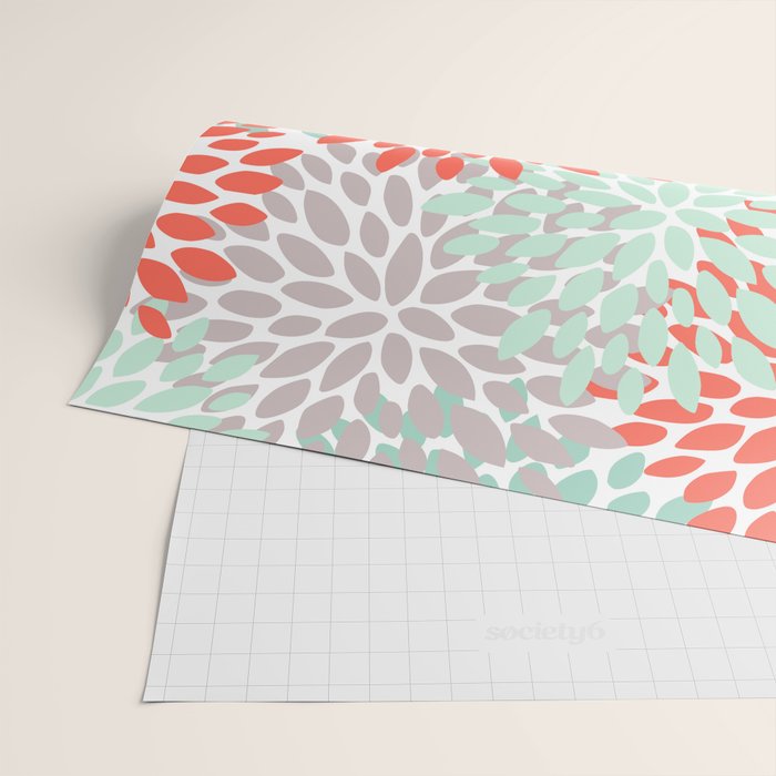 Floral Pattern, Orange, Teal, Mint Green, Flower Print Wrapping Paper Gallery Image 2