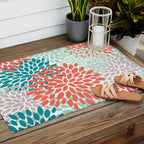 Floral Pattern, Orange, Teal, Mint Green, Flower Print Outdoor Rug Gallery Image 2