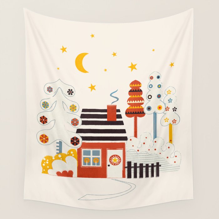 Christmas Winter Hut Illustration Wall Tapestry Gallery Image 1