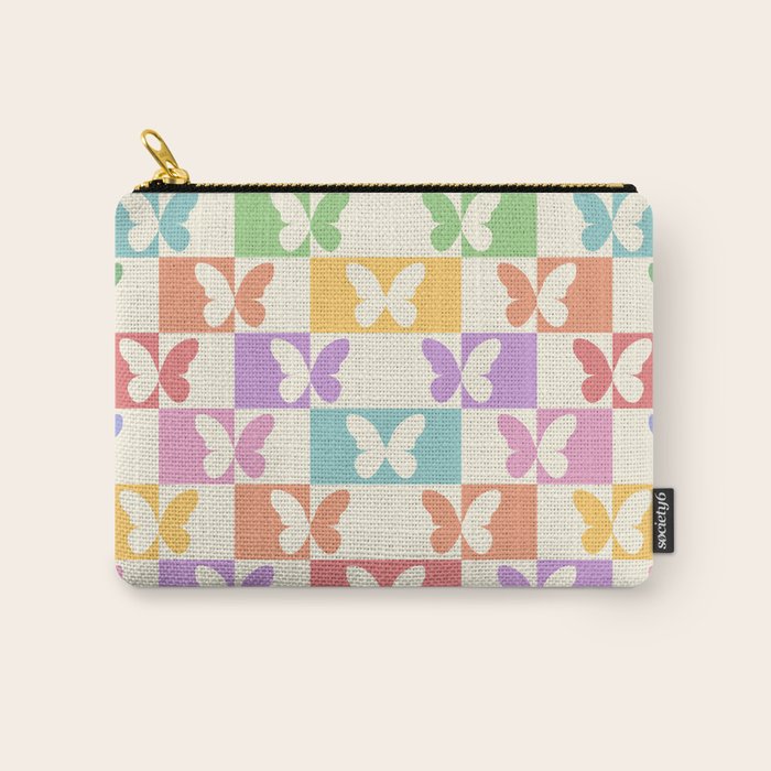 Retro Colorful Butterfly Checkered Pattern Carry All Pouch Gallery Image 1