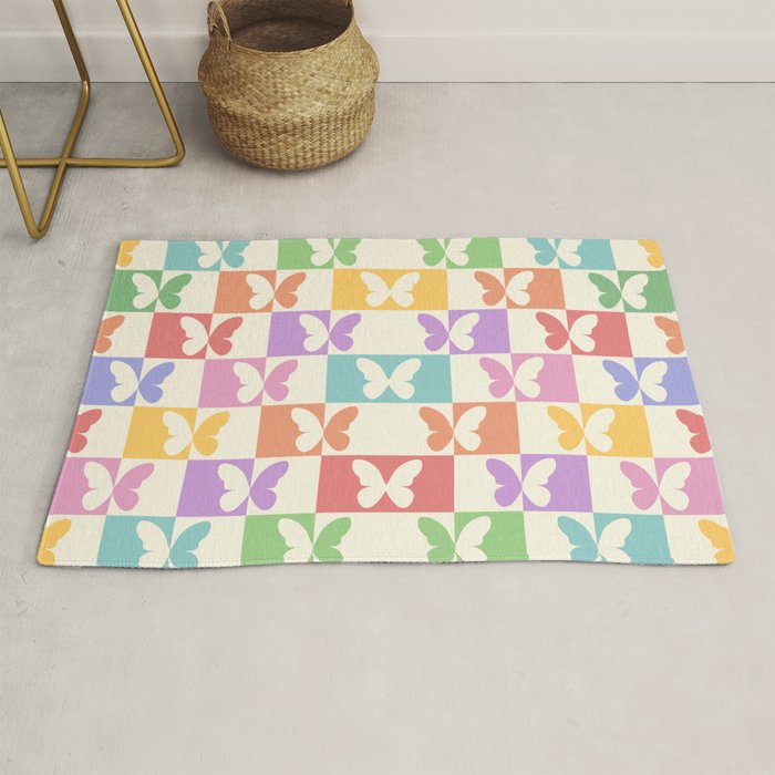 Retro Colorful Butterfly Checkered Pattern Rug Gallery Image 1