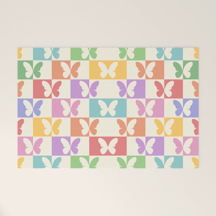 Retro Colorful Butterfly Checkered Pattern Welcome Mat Gallery Image 1