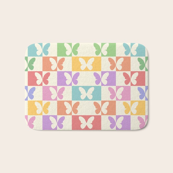 Retro Colorful Butterfly Checkered Pattern Bath Mat Gallery Image 1