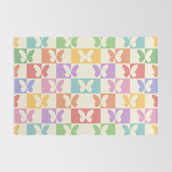 Retro Colorful Butterfly Checkered Pattern Rug Gallery Image 2