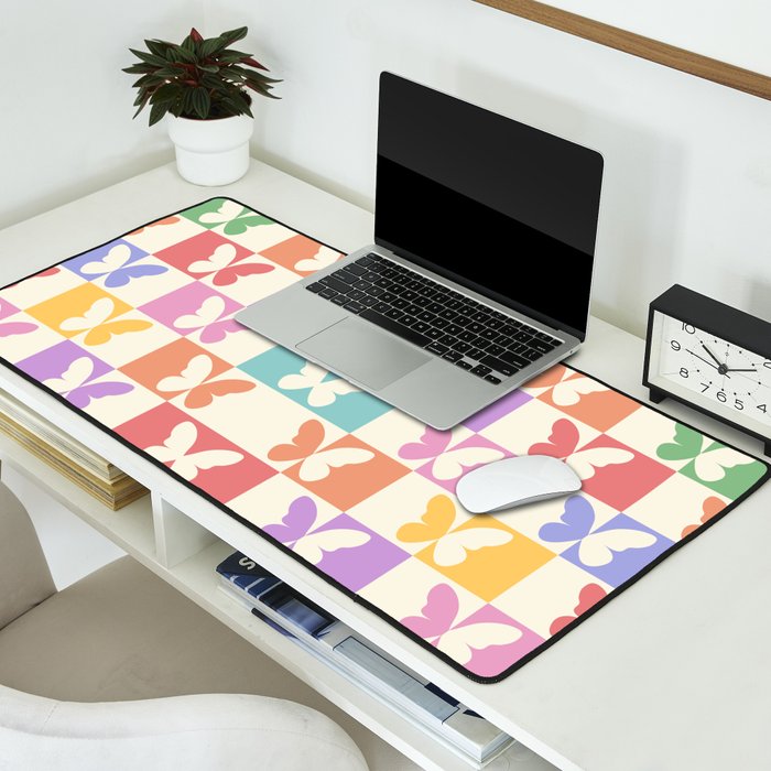 Retro Colorful Butterfly Checkered Pattern Desk Mat Gallery Image 2