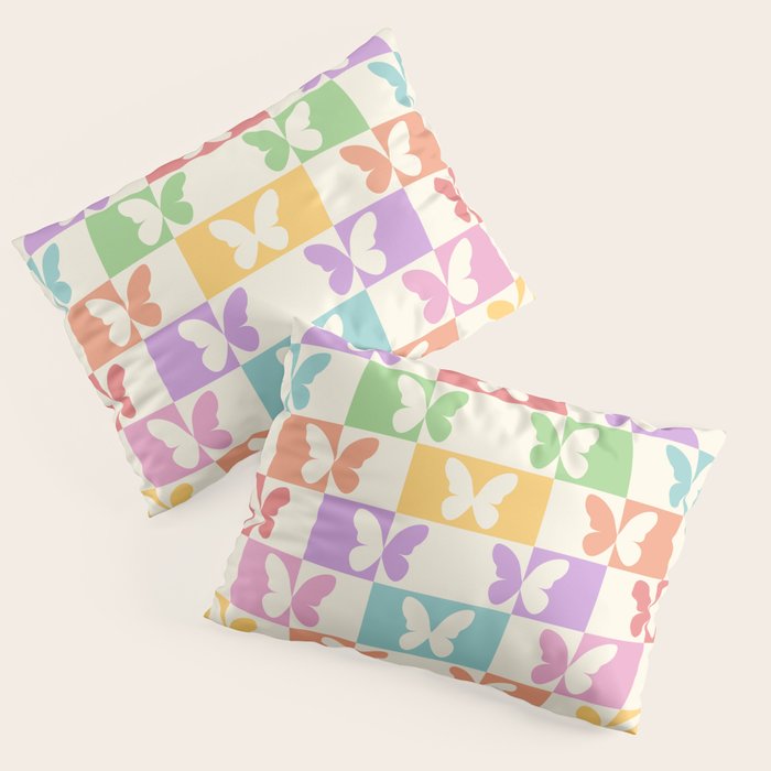 Retro Colorful Butterfly Checkered Pattern Pillow Sham Gallery Image 1