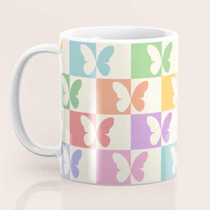 Retro Colorful Butterfly Checkered Pattern Coffee Mug Gallery Image 3