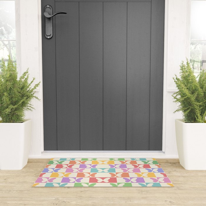 Retro Colorful Butterfly Checkered Pattern Welcome Mat Gallery Image 3
