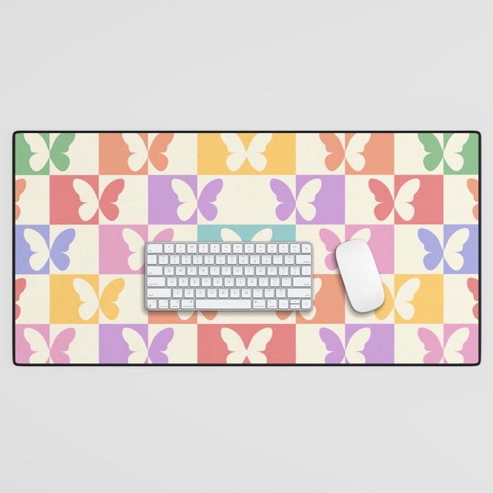 Retro Colorful Butterfly Checkered Pattern Desk Mat Gallery Image 1