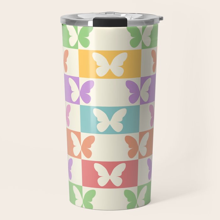 Retro Colorful Butterfly Checkered Pattern Travel Mug Gallery Image 1