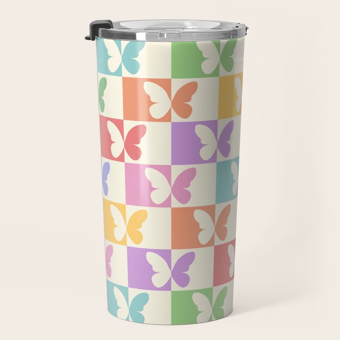 Retro Colorful Butterfly Checkered Pattern Travel Mug Gallery Image 3