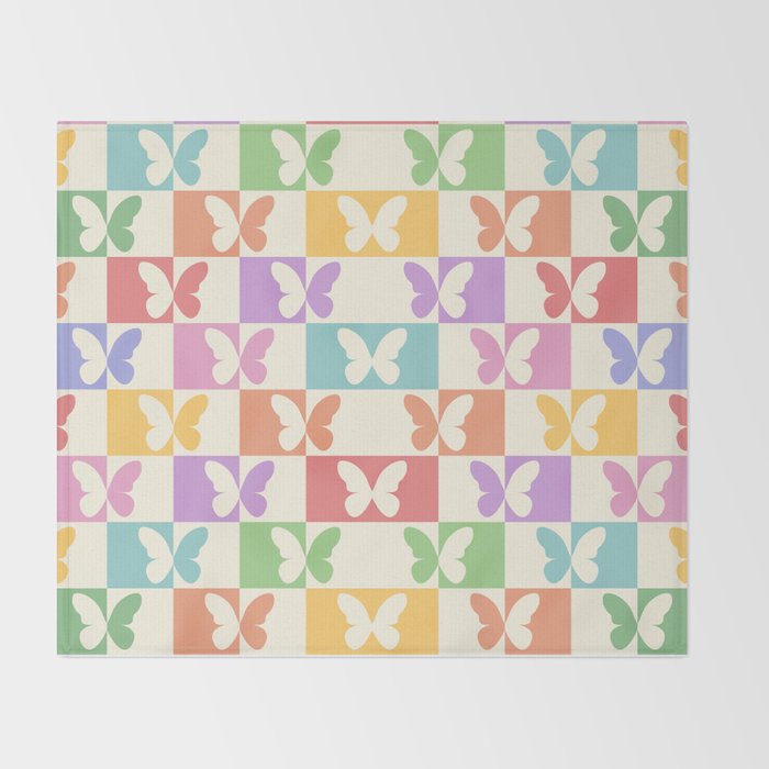 Retro Colorful Butterfly Checkered Pattern Throw Blanket Gallery Image 2