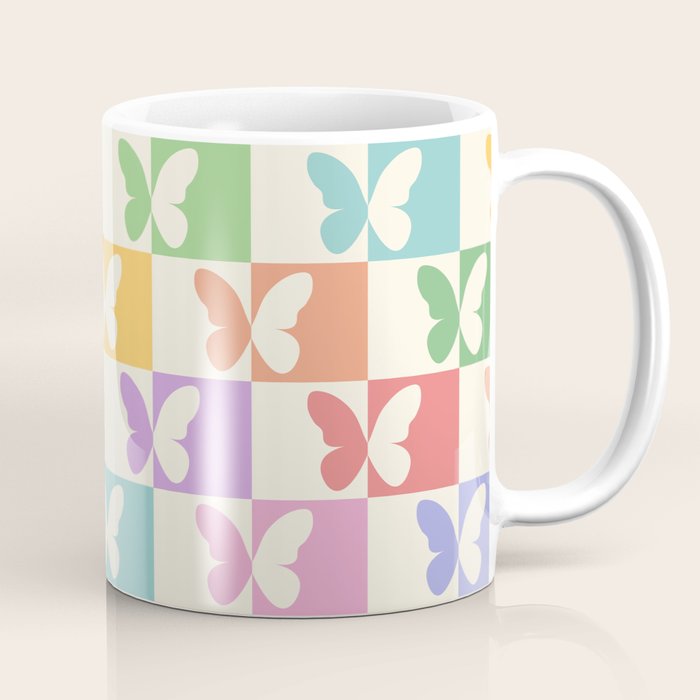 Retro Colorful Butterfly Checkered Pattern Coffee Mug Gallery Image 1