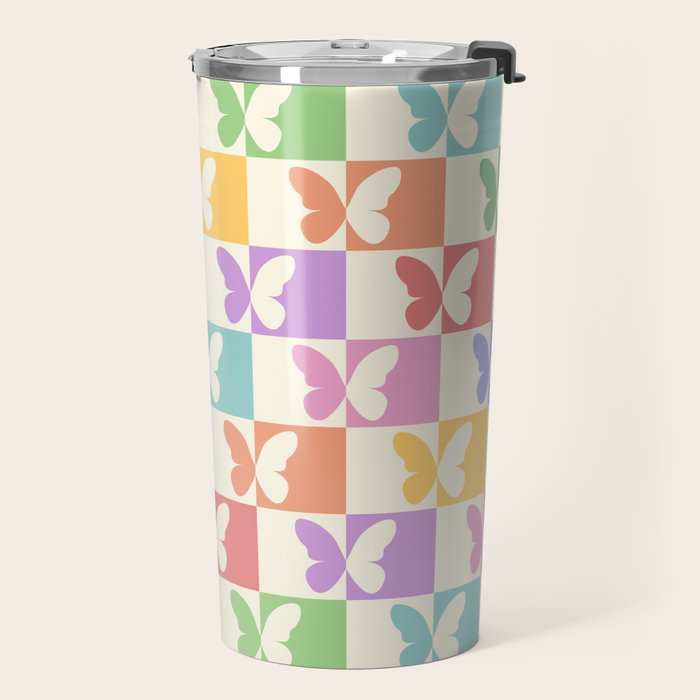 Retro Colorful Butterfly Checkered Pattern Travel Mug Gallery Image 2