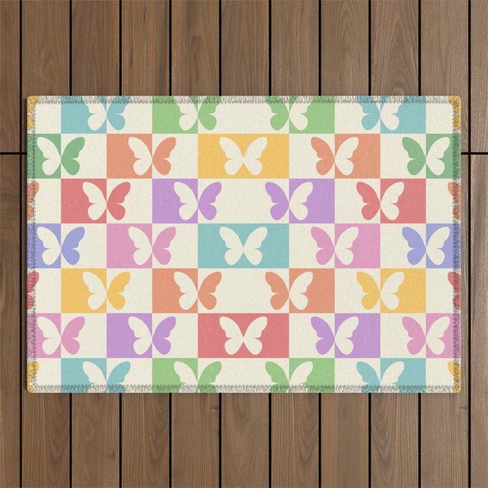 Retro Colorful Butterfly Checkered Pattern Outdoor Rug Gallery Image 1