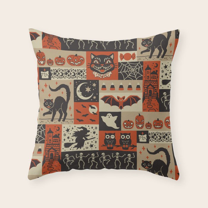 Vintage Halloween Patchwork Throw Pillow Gallery Image 6