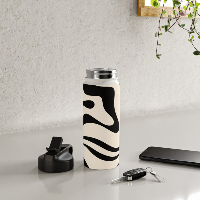 Modern Liquid Swirl Abstract Pattern Square in Almond Cream and Black Water Bottle Gallery Image 4