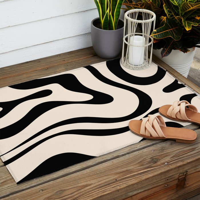 Modern Liquid Swirl Abstract Pattern Square in Almond Cream and Black Outdoor Rug Gallery Image 2