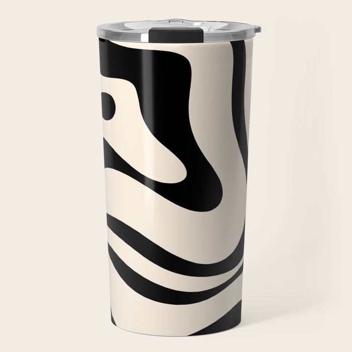 Modern Liquid Swirl Abstract Pattern Square in Almond Cream and Black Travel Mug Gallery Image 1