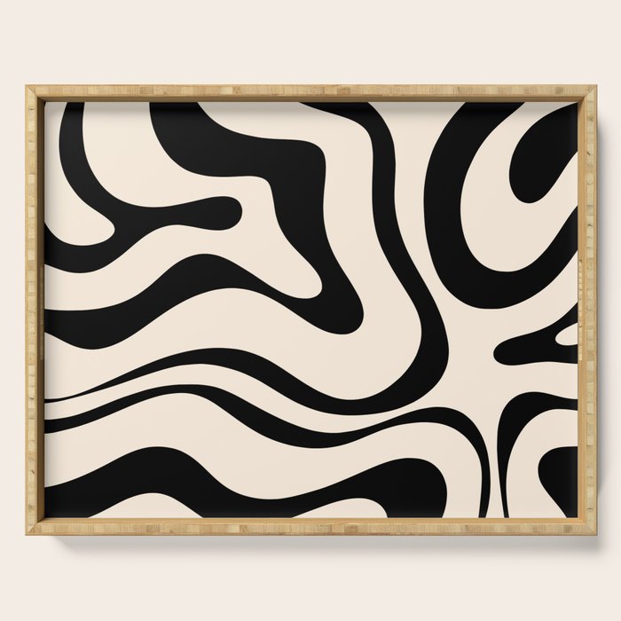 Modern Liquid Swirl Abstract Pattern Square in Almond Cream and Black Serving Tray Gallery Image 1