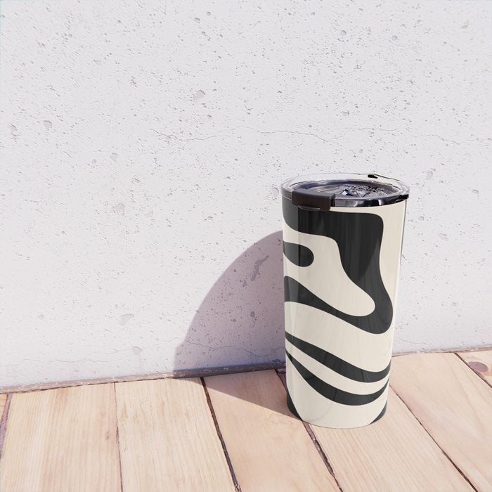 Modern Liquid Swirl Abstract Pattern Square in Almond Cream and Black Travel Mug Gallery Image 4