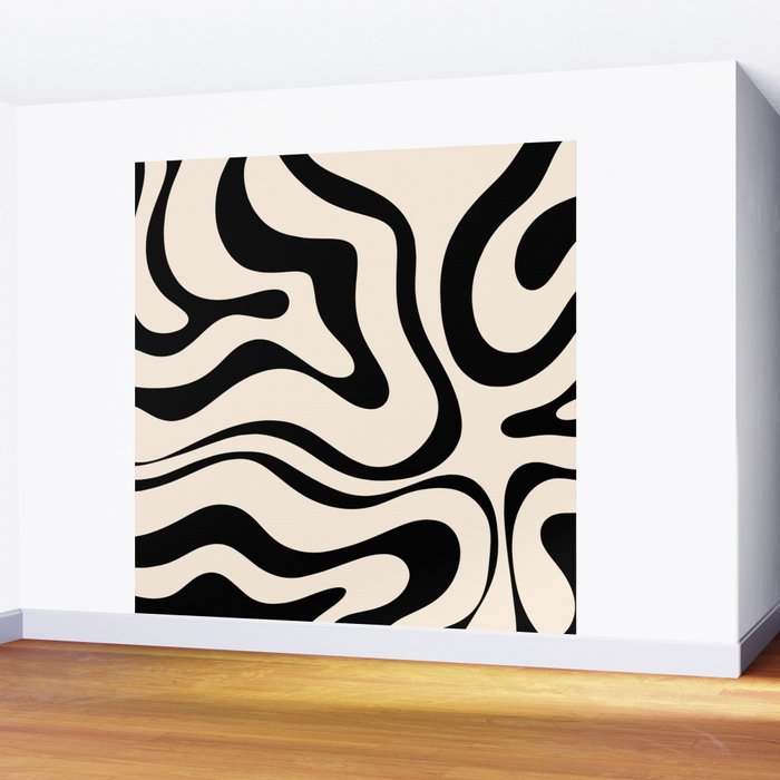 Modern Liquid Swirl Abstract Pattern Square in Almond Cream and Black Wall Mural Gallery Image 2