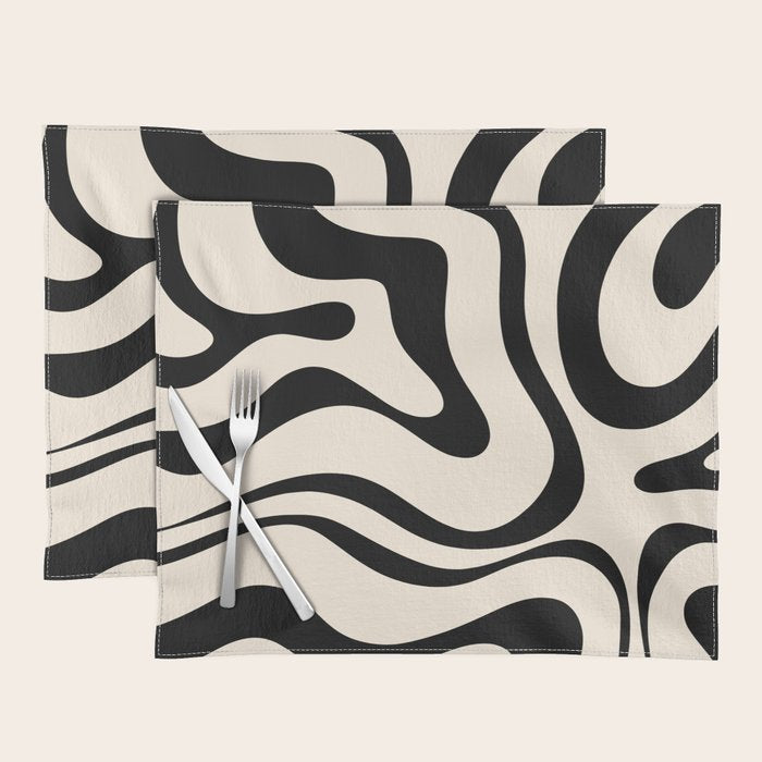 Modern Liquid Swirl Abstract Pattern Square in Almond Cream and Black Placemat Gallery Image 1