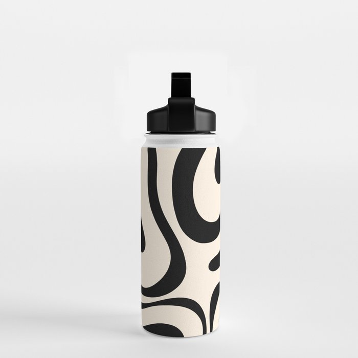 Modern Liquid Swirl Abstract Pattern Square in Almond Cream and Black Water Bottle Gallery Image 2