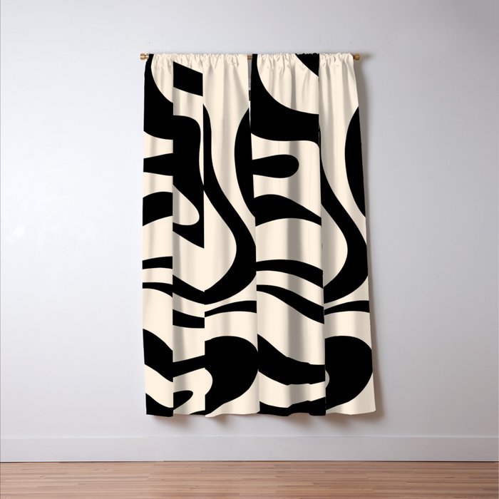 Modern Liquid Swirl Abstract Pattern Square in Almond Cream and Black Window Curtain Gallery Image 3